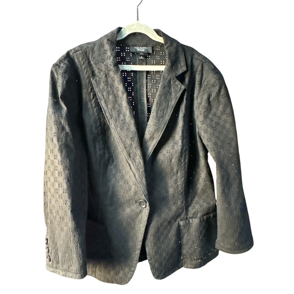 Talbots Women's Black Stretch Cotton Spandex Eyelet Blazer Jacket Size 16‎